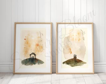Krippenszene Kunstdruck-Set, Jesaja 9 6 Johannes 1 14 Bibel-Vers-Wand-Kunst, christlicher Aquarell- digitaler Download, Weihnachtsdekor-Geschenk
