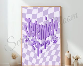 Jeremia 29 11 Druck, christliche Wohnheimdekoration, lila Retro Raumästhetik, trendiges Bibelversplakat, karierter digitaler Download