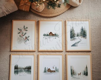 Set de 6 láminas con versículos bíblicos de invierno, arte digital cristiano, decoración rústica de bosque, regalo de acuarela para cabaña