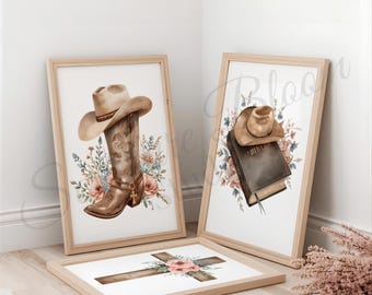 Feminine christliche Wand Kunst 3er-Set, Cowgirl Bibel Stiefel Kreuz Druck, Glaube Dekor digitaler Download, weiche Western Kinderzimmer Geschenk