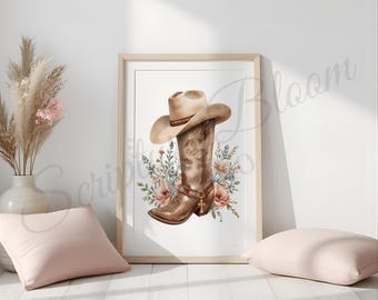 Christliche Cowgirl-Kunst, westliche ästhetische Wand-Dekor, Glaube-Druck, Boho Cowgirl-Stiefel Aquarell digitaler Download, Schrift-Wohnkultur