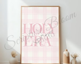 Heilige Ära Wand Kunst Druck, christliche Mädchen ästhetische digitale Download, trendige rosa karierte Schrift Bibel Vers Poster, Glaube Gott Jesus Geschenk