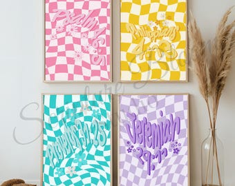 Groovy Christian Wand Kunst 4er Set, Bibel Vers Drucke, trendiges Pink Gelb Teal Lila Dekor, digitaler Download, Glaubens Geschenk