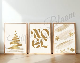 Gold Weihnachtswand Kunst 3er-Set, Neutral Urlaub Dekor, druckbare Noel Art, minimalistische Weihnachtsbaum Digital Download