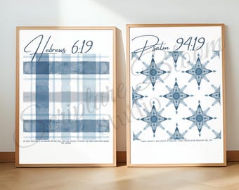 Hebräer 6 19 Psalm 94 19 Bibel-Vers-Druck 2er-Set, christliche Wandkunst digitaler Download, Schrift-Dekor, weibliches blaues Glaubensgeschenk