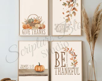 Erntedank-Wandkunst 4er-Set, Herbstschriften, christliches Wohnkultur-Set, Bibelvers-Drucke, Herbst-Bauernhausdekor