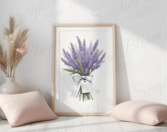 Impresión de arte mural con ramo de lavanda cristiana, descarga digital floral estilo cottagecore, decoración femenina con versículos bíblicos en tonos pastel, regalo artístico imprimible