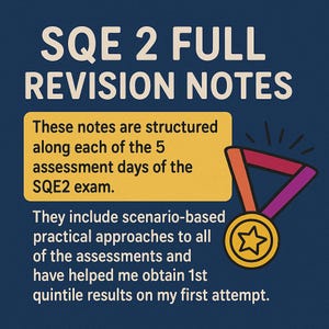 May include: A navy blue graphic with the text "SQE 2 FULL REVISION NOTES." A yellow rectangle contains text about the SQE2 exam. A gold medal with a star is on the right side of the graphic.