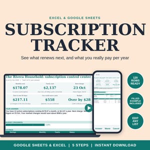 Subscription Tracker Spreadsheet + Control Center & Google Sheets | Renewal Calendar, Free Trial Deadlines, Yearly Cost + Cancel Planner