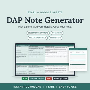 Op de afbeelding: Een digitale DAP-notitiegenerator voor Excel en Google Sheets met een donkergroene interface en tekstlabels zoals 101 Sentence Starters, No Macros, Fillable PDF Bonus en Session Log, weergegeven op een scherm met een voorbeeld.