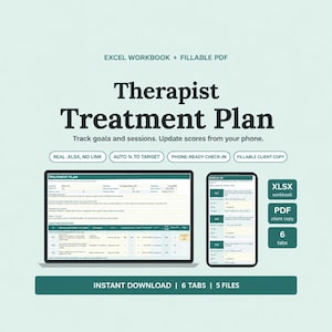 Treatment Plan Template for Therapists, Excel Goals, Objectives & Session Notes Tracker, Counseling Spreadsheet