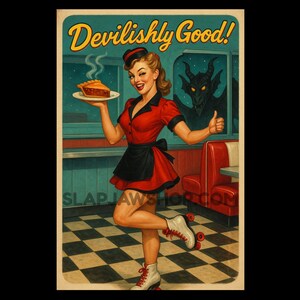 May include: Vintage-style poster with a smiling woman in a red and black diner uniform, holding a pie. The text "Devilishly Good!" is at the top. A devil figure is in the background. The woman is wearing roller skates.