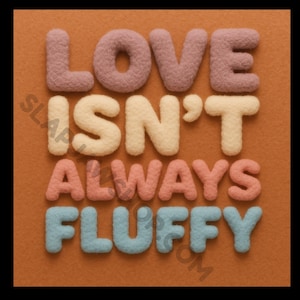 May include: A close-up of the phrase "LOVE ISN'T ALWAYS FLUFFY" in textured, pastel-colored letters. The letters are arranged on a warm orange background. The word "LOVE" is in mauve, "ISN'T" in cream, "ALWAYS" in peach, and "FLUFFY" in blue.