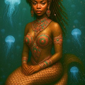 May include: A digital painting of a mermaid with brown skin, adorned with ornate jewelry and a golden tail. The mermaid is surrounded by blue jellyfish in a teal-colored underwater scene.