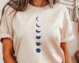 Cat Moon Phases Tee, Lunar Cycle Blue Cat Shirt, Astrology Gift