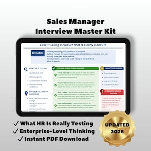 May include: A digital tablet displays a "Sales Manager Interview Master Kit." The screen shows interview scenarios, structured answers, and what HR is testing. A gold seal reads "UPDATED 2026."
