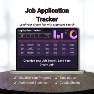 May include: A laptop displays a job application tracker with the text "Job Application Tracker." The screen shows application data, including company names, positions, and application status. The text "Organize Your Job Search. Land Your Dream Job" is also visible.