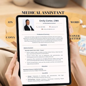 Plantilla de CV de asistente médico: optimizada para CMA ATS, editable en Canva y Word, con carta de presentación, compatible con ATS moderno y CV profesional.