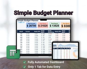 Simple Budget Planner for Google Sheets | 50 30 20 Budget Spreadsheet, One Tab Expense Tracker, Easy Monthly Finance Dashboard, Money Tool