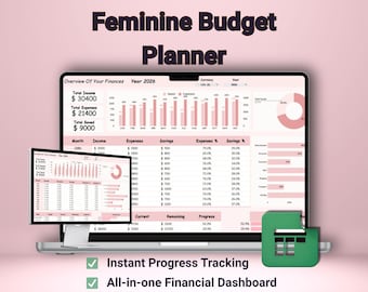 Pink Monthly Budget Planner for Google Sheets | Aesthetic Finance Spreadsheet, Automated Expense Tracker Dashboard, Savings Goal Log, LBS