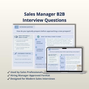 以下が含まれることがあります： 「Sales Manager B2B Interview Questions」というタイトルのデジタルドキュメントがラップトップの画面に表示されています。このドキュメントは、構造化されたプロセス、調査、パーソナライゼーションなど、面接の準備について概説しています。画像には「Used by Sales Professionals」というテキストも含まれています。