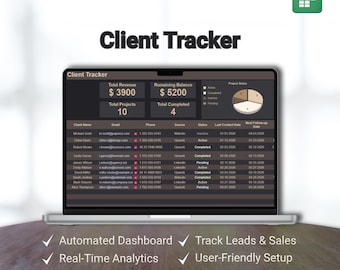 Dark Mode Client Tracker for Google Sheets | Small Business CRM Dashboard, Freelancer Payment Spreadsheet, Customer Database, Income Log