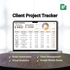 May include: A laptop displaying a "Client Project Tracker" spreadsheet. The screen shows project names, categories, start and end dates, and financial data. The text includes "Smart Automation," "Visual Analytics," "Client Management," and "Google Sheets Ready."
