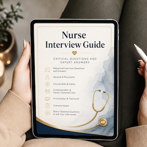 May include: A digital tablet displaying a Nurse Interview Guide with dark blue text on a cream background. The document features a gold stethoscope graphic, blue watercolor accents, and a list of interview topics including clinical skills.