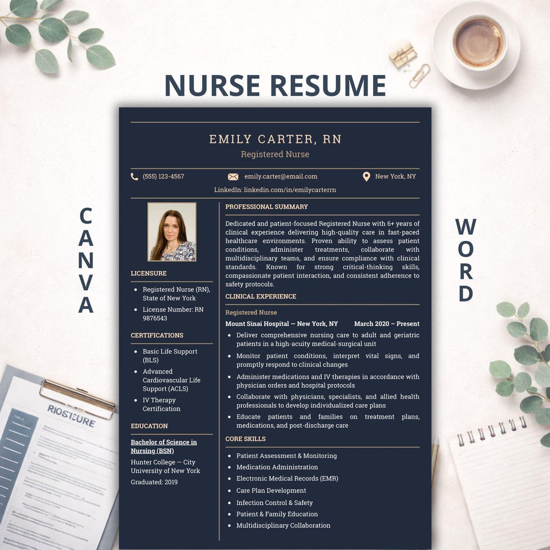 Registered Nurse Resume Template for Canva & Word: Ats-friendly Nursing ...