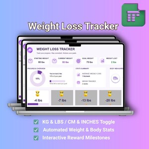 May include: A digital weight loss tracker spreadsheet displayed on a laptop screen. The interface features sections for starting weight, current weight, goal weight, and weight lost in lbs. It includes a progress overview, stats summary, and reward milestones.