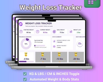 Simple Weight Loss Tracker for Google Sheets | Automated Fitness Progress Spreadsheet, Weekly Weigh In Dashboard, Body Measurement Log