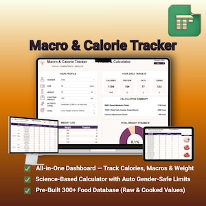 Könnte beinhalten: Eine digitale Macro & Calorie Tracker-Tabelle, die auf einem Laptop, Monitor und Tablet angezeigt wird. Die Benutzeroberfläche zeigt einen Profilrechner, tägliche Ziele, ein Gewichtsprotokoll, ein Ernährungstagebuch und eine Lebensmitteldatenbank.