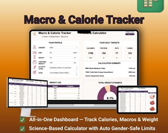 Weight Loss Tracker Spreadsheet, Calorie & Macro Tracker, Google Sheets Fitness Dashboard, Food Diary, Nutrition Log, 300 Food Database