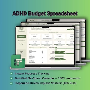 May include: An ADHD Budget Spreadsheet displayed on three stacked laptop screens. The interface features a dashboard with financial categories like savings, income, expenses, and bills, alongside bar charts and a sidebar menu. The color palette is cream and green.