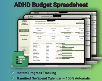 ADHD Budget Spreadsheet for Google Sheets | Neurodivergent Monthly Finance Tracker, Gamified Savings Planner, Impulse Wishlist, Sage Green