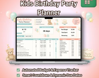 Kids Birthday Party Planner Google Sheets | Birthday Template & Childrens Event Organizer | Budget Tracker, Guest RSVP List