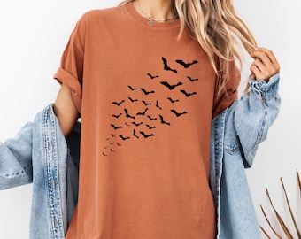 Comfort Colors® Halloween Bats Shirt, Spooky Season Bat Tee, Flying Bats Vintage Halloween Top, Retro Fall Spooky Graphic Tee