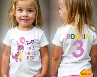 Personalized Dinosaur Birthday Shirt – Custom Name & Age Tee, Three Rex 3rd Birthday Girl T-Shirt, Toddlers, Fun Dino Party Outfit for Kids