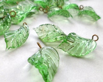 Glass Leaf Charms - Peridot Glass Leaves with brass loops 25 pieces