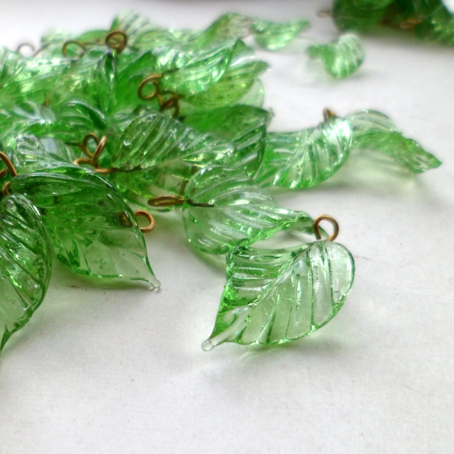 Glass Leaf Charms Peridot Glass Leaves with brass loops 25 Etsy
