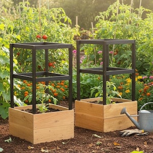 Puede incluir: Dos jardineras elevadas de madera con marcos de metal negro. Las camas están llenas de tierra y plantas jóvenes. Una regadera de metal y guantes de jardinería están cerca. El fondo presenta un jardín exuberante con varias plantas.