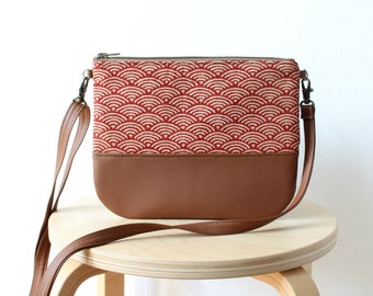 Crossbody Waves pattern leather bag, Boho chic, Clutch Purse, Every day purse, Vegan, Every day bag, Red, Brown