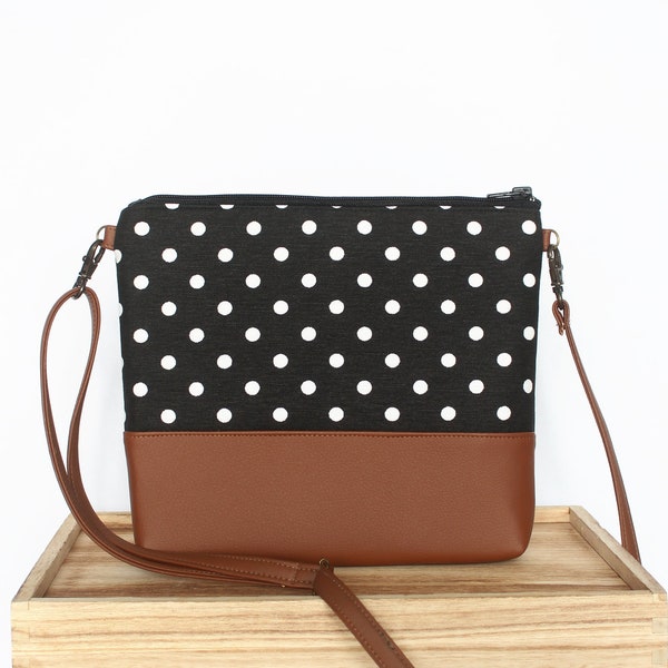 Vegan leather crossbody bag, Canvas bag, Black and white polka Dot Boho crossbody