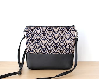 Leather Cross body bag Purse Vegan leather Every day bag Japanese Seigaiha Waves Gift for her