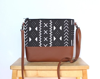 Vegan leather crossbody bag,Mudcloth print canvas bag,Bogo crossbody