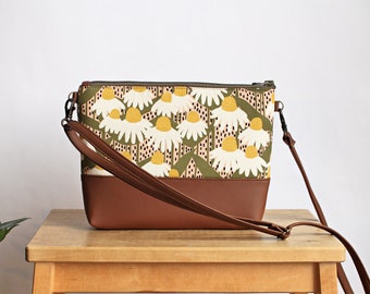 Vegan Leather Floral crossbody bag, Cognac brown bag