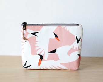 Cosmetic bag, Zippered pouch, make-up bag, make up bag, Small clutch, Organic cotton canvas, Pink, Birds
