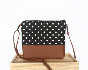 Vegan leather crossbody bag, Canvas bag, Black and white polka Dot Boho crossbody