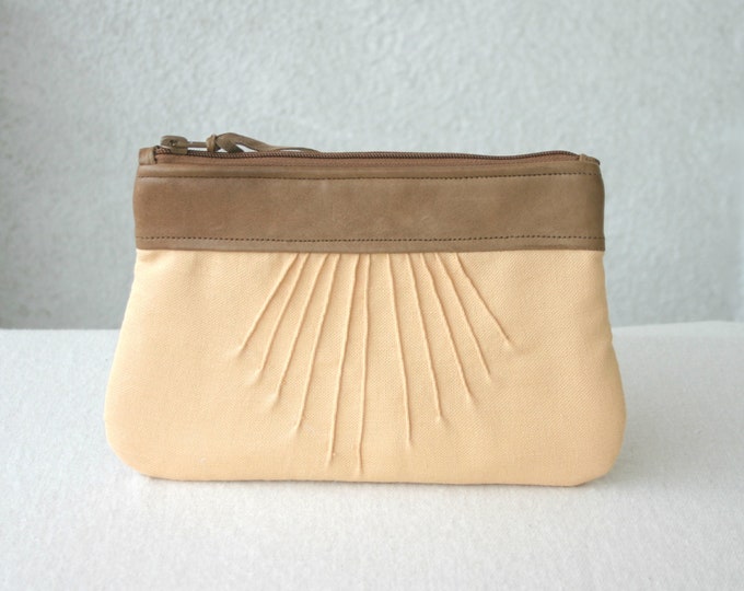 Pleated Clutch Purse Peach Brown Leather Canvas Bridal Etsy