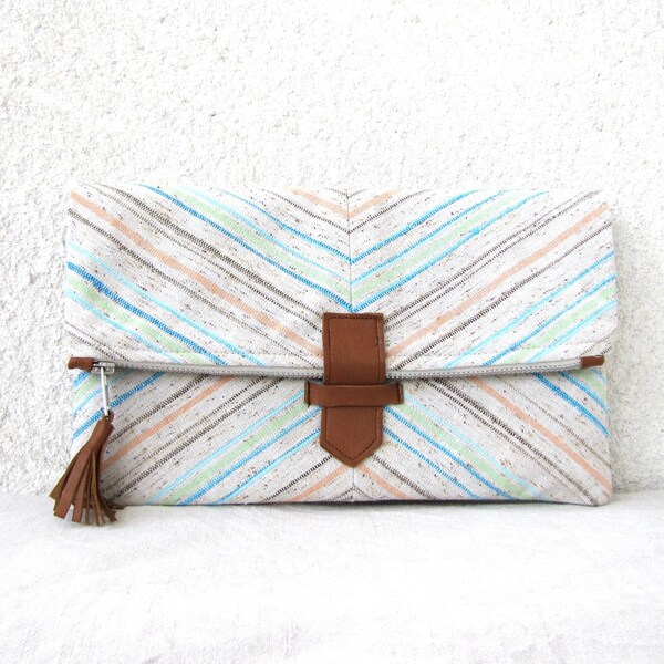Fold over Clutch Purse - Pastel Chevron - linen and leather - stripes